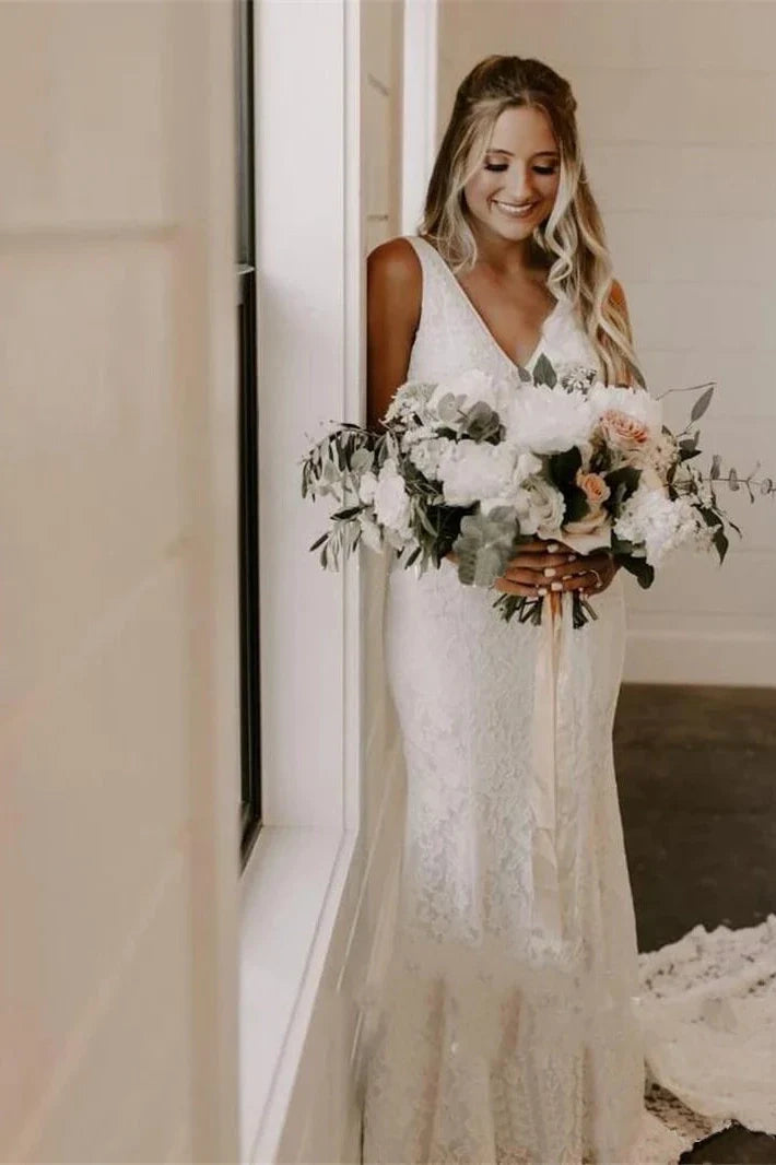 Simple Lace Sleeveless Deep-V Back Bridal Gown with Sweep Train