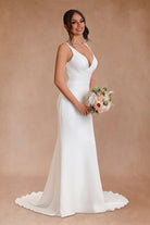 Simple Mermaid V Neck Satin White Wedding Dresses - KissProm