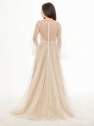 Franceska | Simple Modest A - Line Long Sleeve Tulle Elopement Illusion Wedding Dress with Pearl - KissProm
