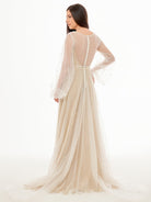 Franceska | Simple Modest A - Line Long Sleeve Tulle Elopement Illusion Wedding Dress with Pearl - KissProm