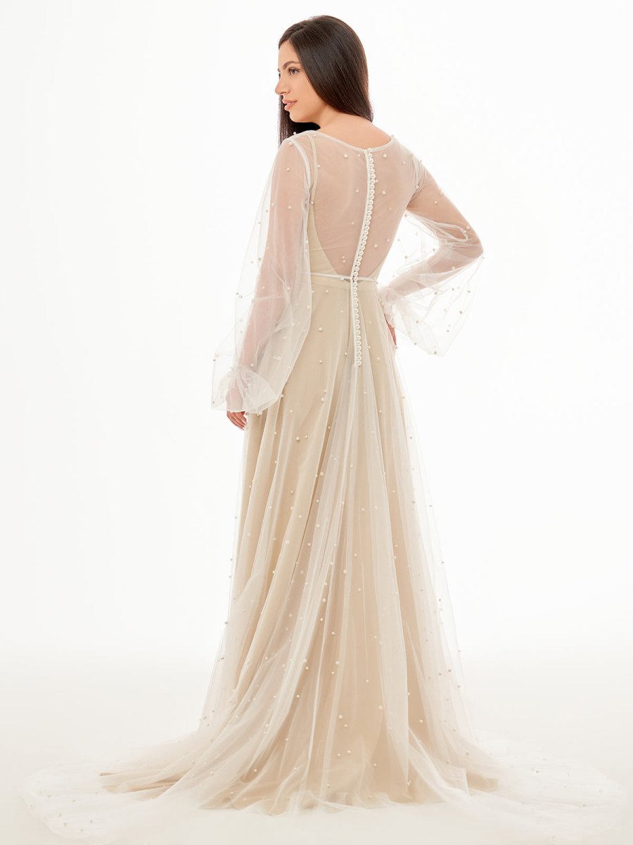 Franceska | Simple Modest A - Line Long Sleeve Tulle Elopement Illusion Wedding Dress with Pearl - KissProm