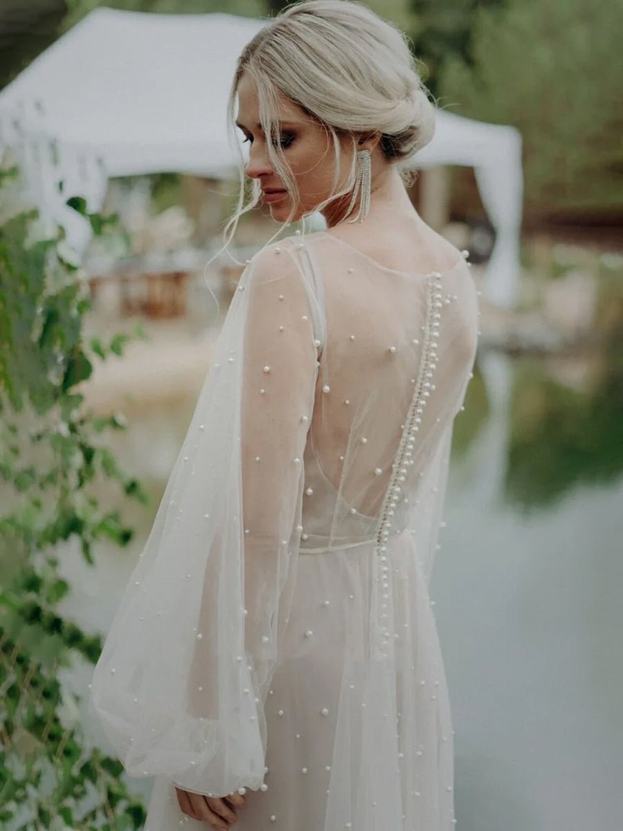 Franceska | Simple Modest A-Line Long Sleeve Tulle Elopement Illusion –  KissDress, image size:900x1200