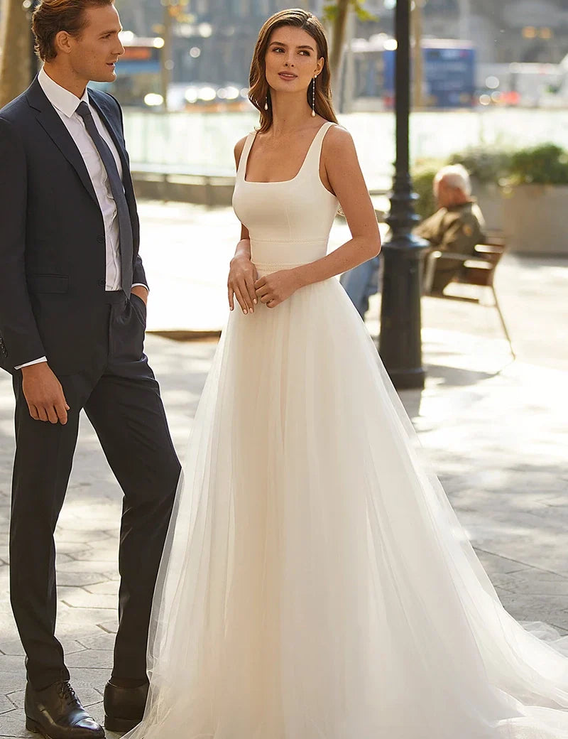 Simple Modest A Line Minimalist Casual Scoop Tulle Wedding Dress with KissDress