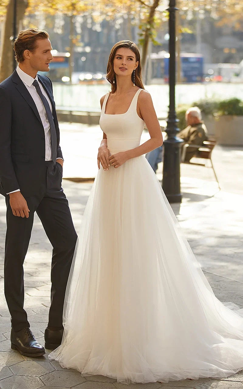 Simple Modest A-Line Minimalist Casual Scoop Tulle Wedding Dress with Open Back and Sweep Train