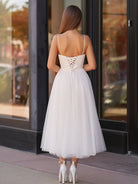 A - Line Spaghetti Straps White Satin Tulle Tea - Length Wedding Dresses - KissProm