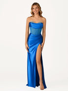 Siva | Royal Blue Strapless Satin Mermaid Prom Dress With Beading - KissProm