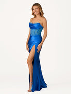 Siva | Royal Blue Strapless Satin Mermaid Prom Dress With Beading - KissProm