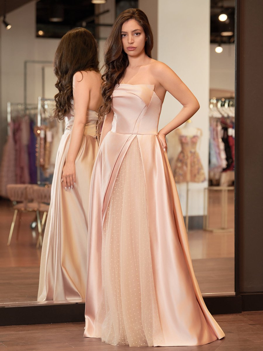 Sleeveless Satin A - Line Floor - Length Evening Gown Slit with Tulle Strapless Prom Dress - KissProm