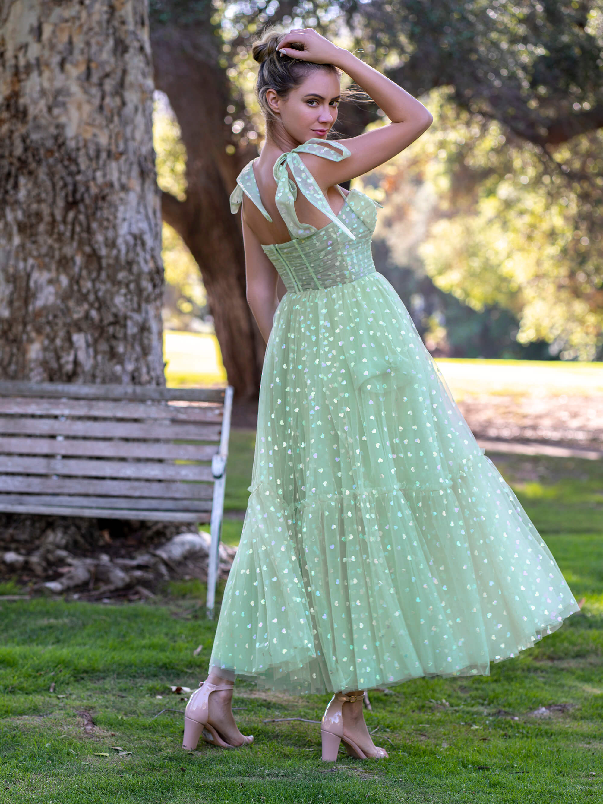 Mint Green Corset Bow Straps Tulle Glitter Hearts Ankle Length Prom Dress