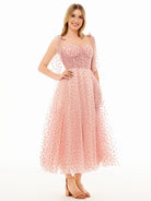 Corset Bow Straps Tulle Glitter Hearts Ankle Length Prom Dress - KissProm