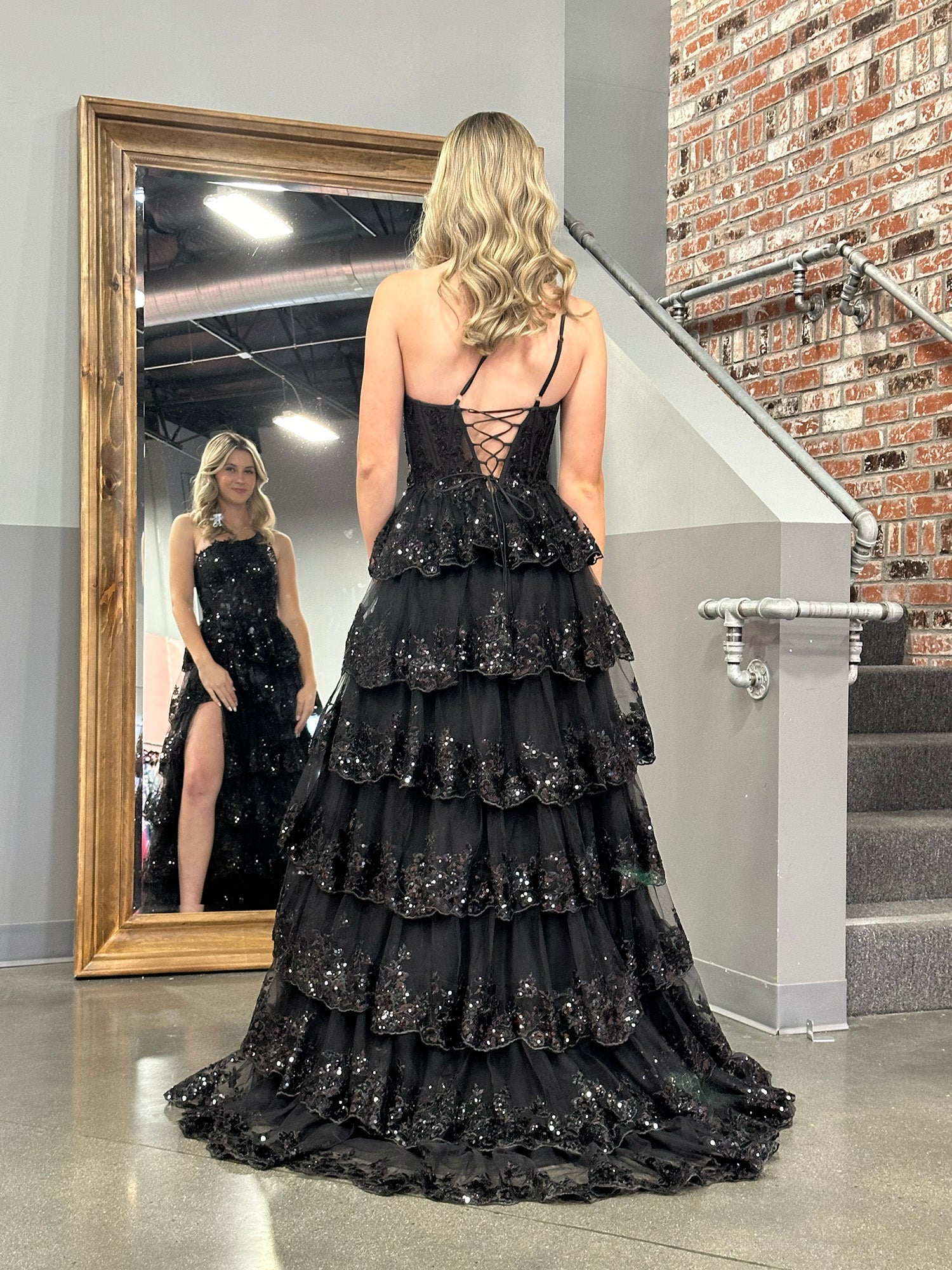 Black Sheath One Shoulder Tiered Lace Long Prom Dress