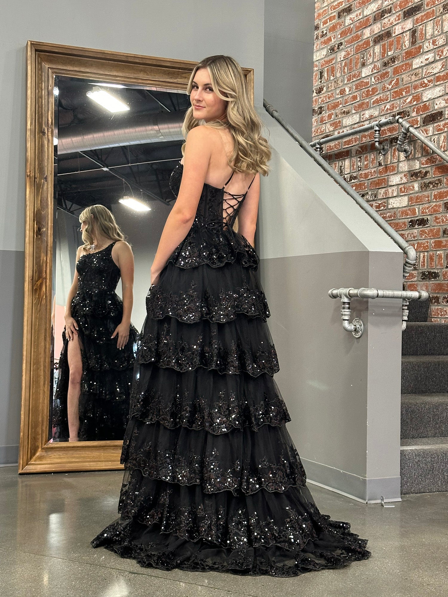 Black Sheath One Shoulder Tiered Lace Long Prom Dress