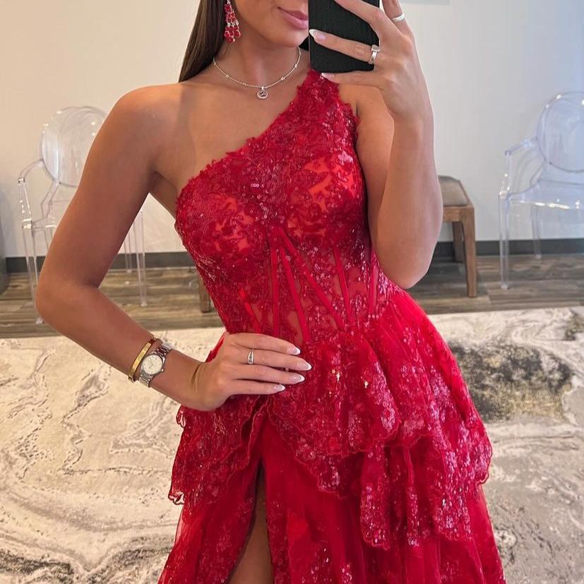 Black Sheath One Shoulder Tiered Lace Long Prom Dress