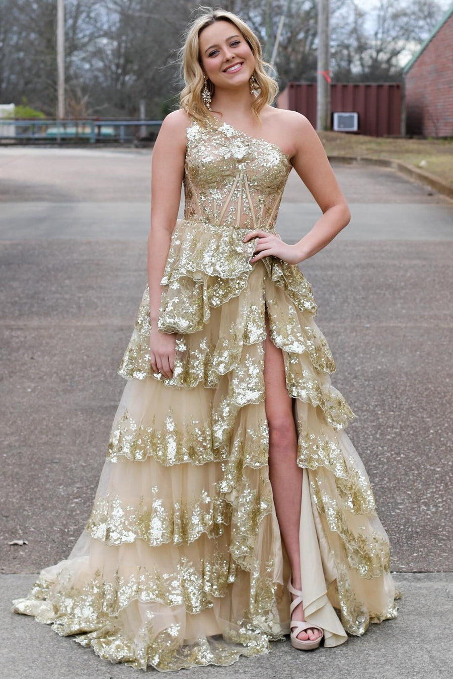 Black Sheath One Shoulder Tiered Lace Long Prom Dress
