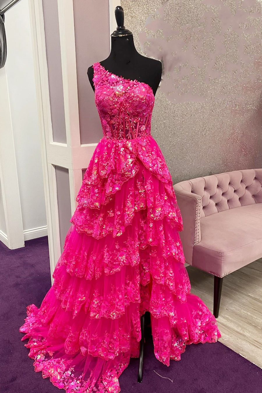 Black Sheath One Shoulder Tiered Lace Long Prom Dress