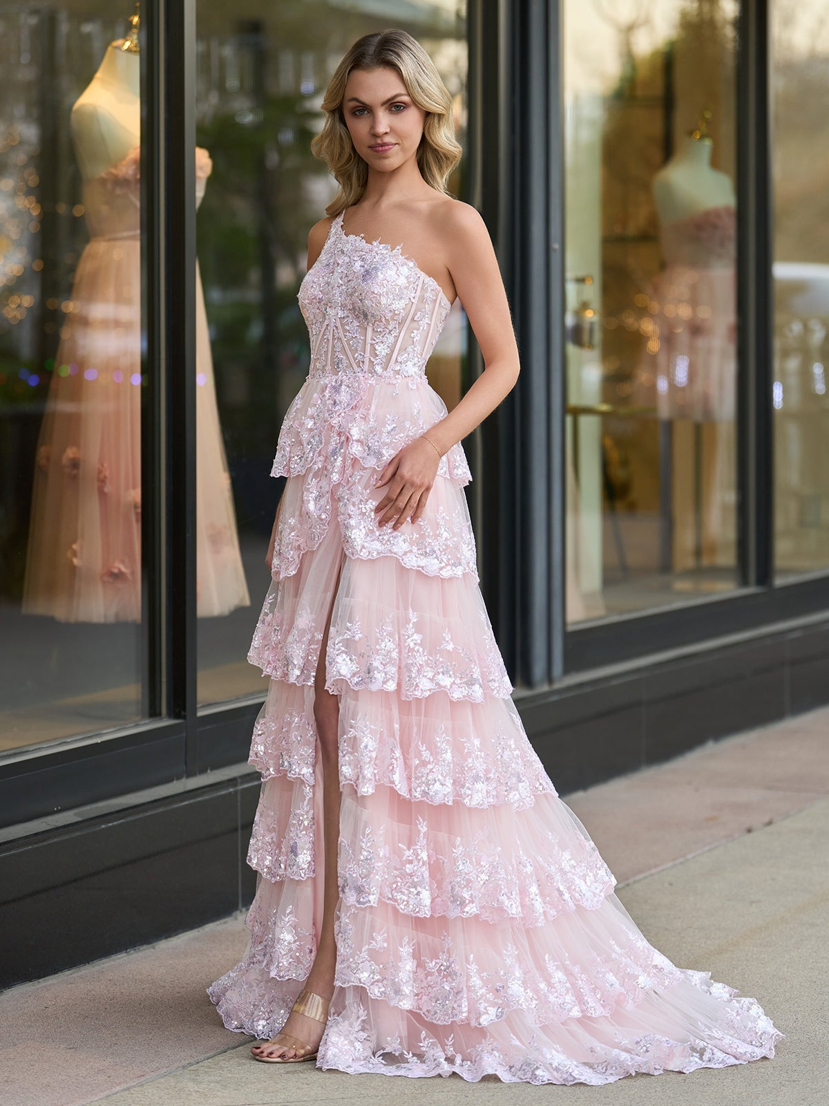 Black Sheath One Shoulder Tiered Lace Long Prom Dress