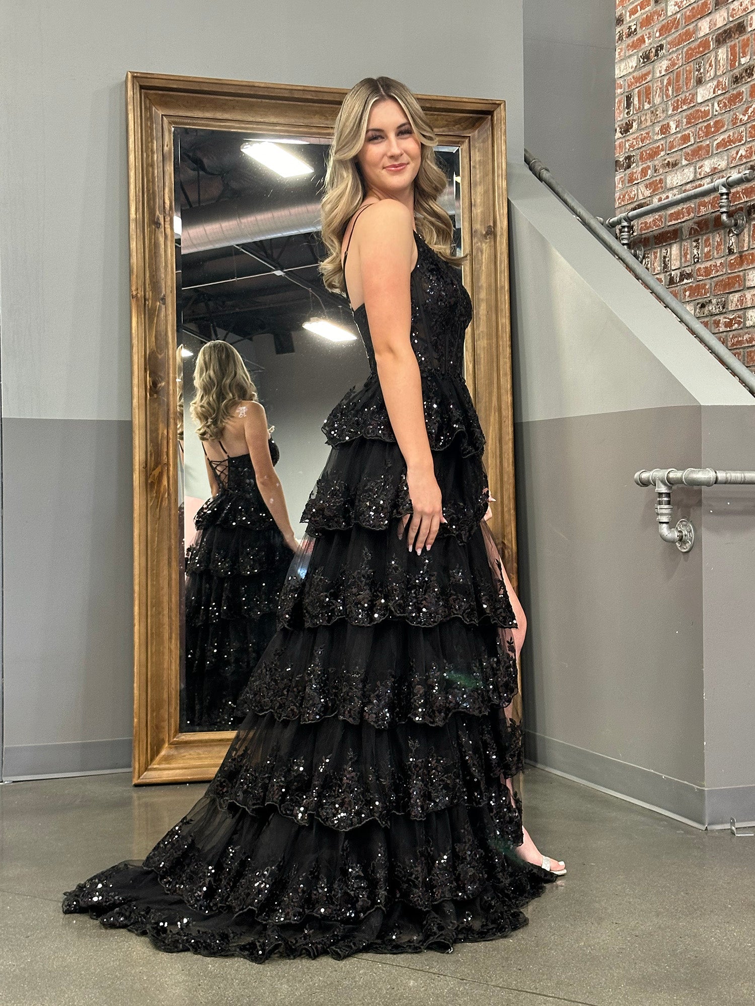 Black Sheath One Shoulder Tiered Lace Long Prom Dress
