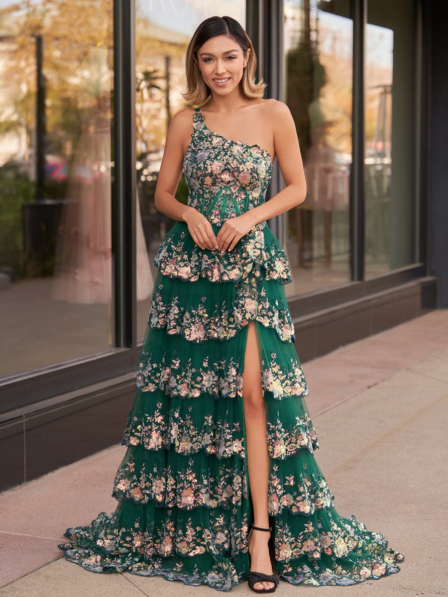 Livia |Sheath One Shoulder Tiered Lace Long Prom Dress - KissProm