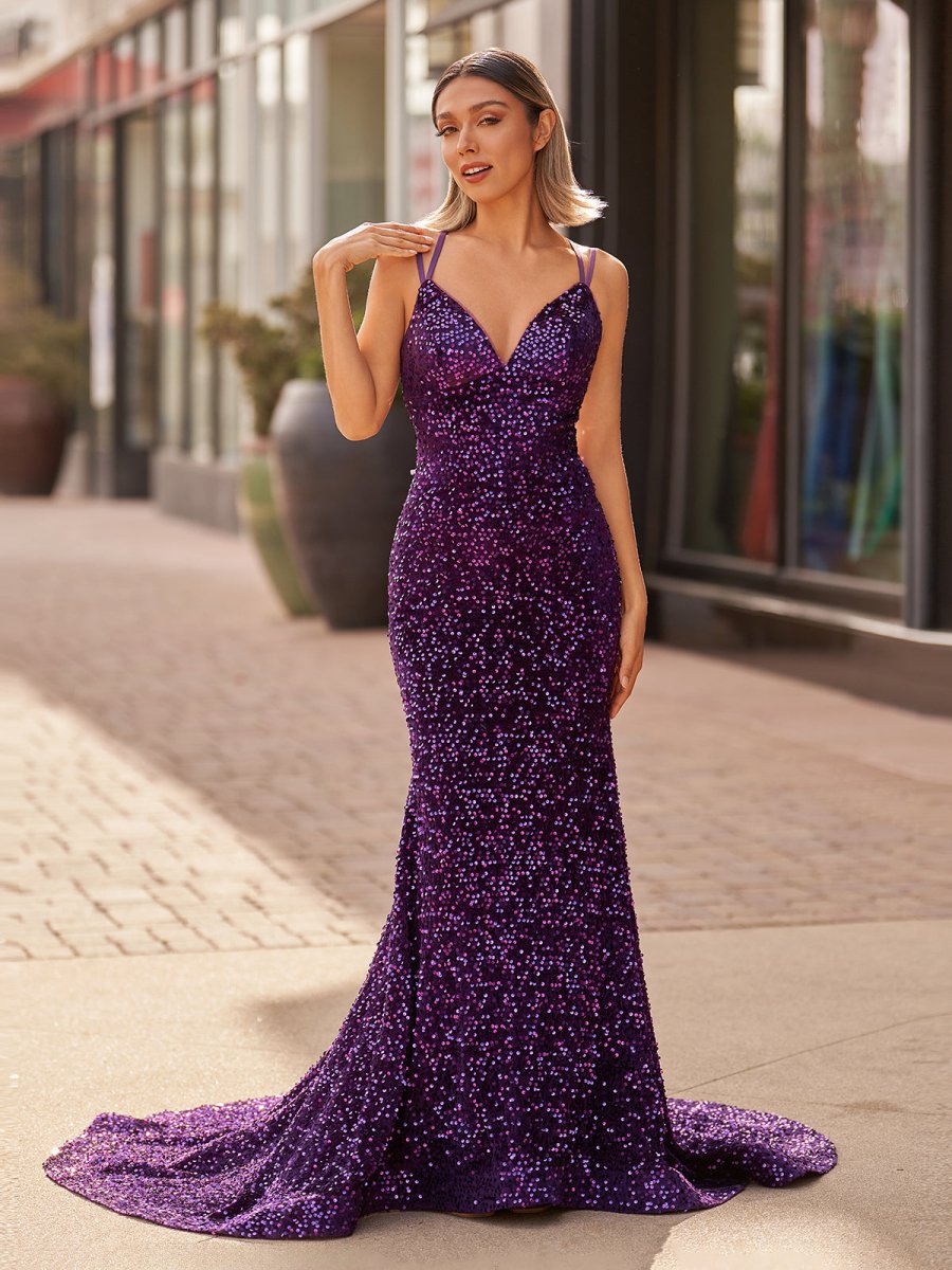 Maddison |Sparkly Blue Mermaid Sequins Long Backless Prom Dress - KissProm