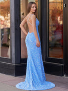 Maddison |Sparkly Blue Mermaid Sequins Long Backless Prom Dress - KissProm