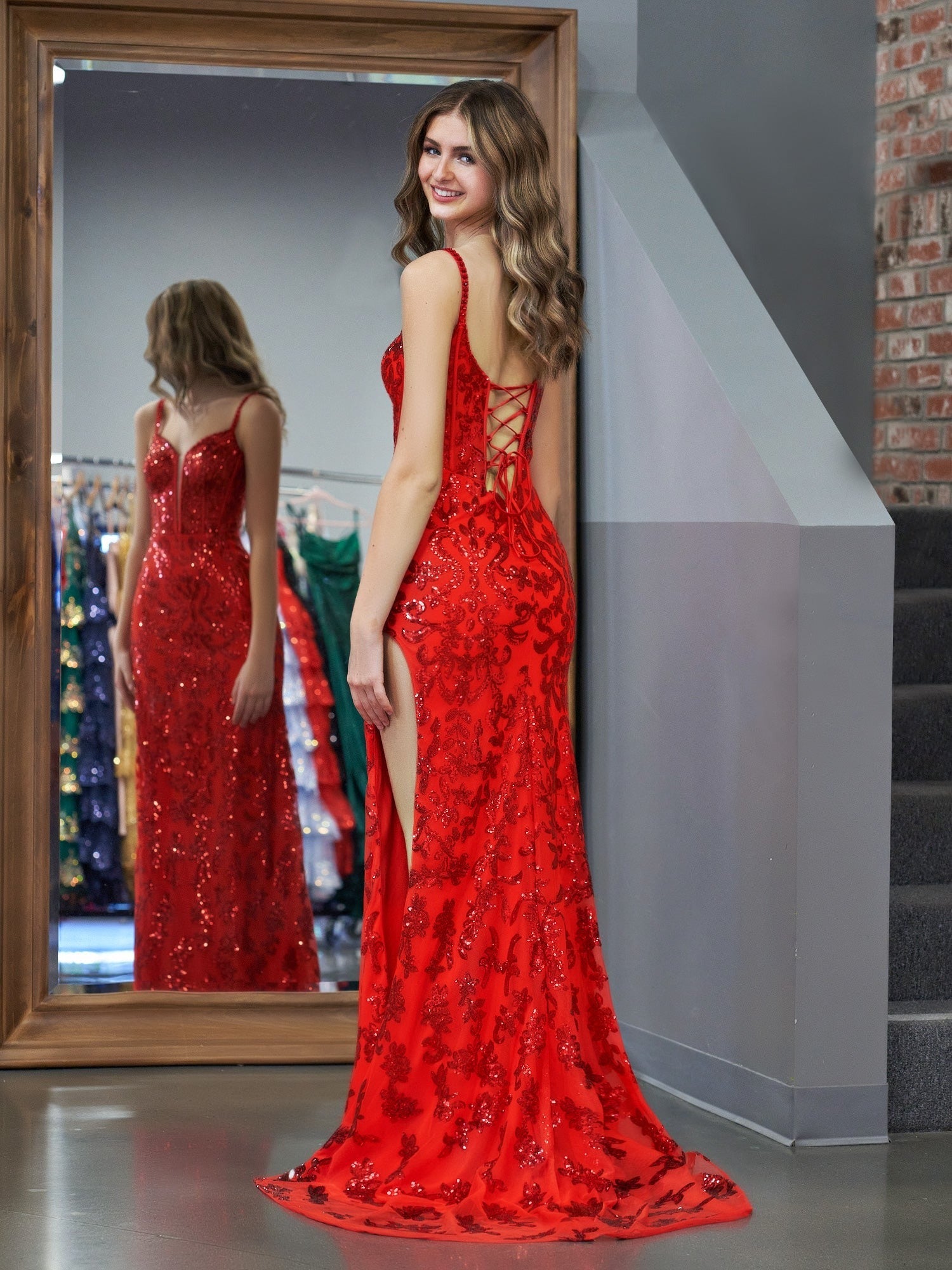 Sparkly Blue Sheath Sequins Long Prom Dress with Slit
