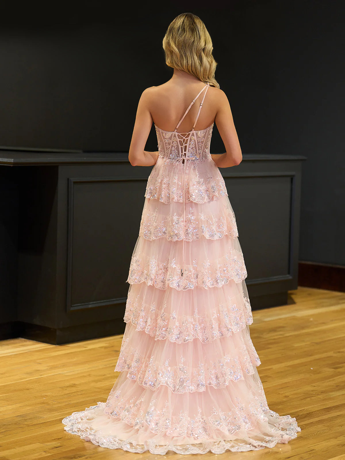 Black Sheath One Shoulder Tiered Lace Long Prom Dress