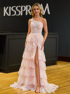 Livia |Sheath One Shoulder Tiered Lace Long Prom Dress - KissProm