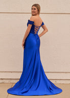 Raelyn |Mermaid Off the Shoulder Satin Prom Dress with Slit - KissProm