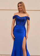 Raelyn |Mermaid Off the Shoulder Satin Prom Dress with Slit - KissProm