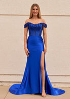 Raelyn |Mermaid Off the Shoulder Satin Prom Dress with Slit - KissProm