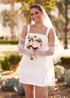 Yvaine | Square Neck White Satin Short Wedding Dress with Bow Back and Veil - KissProm