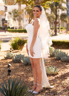 Yvaine | Square Neck White Satin Short Wedding Dress with Bow Back and Veil - KissProm