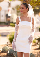 Yvaine | Square Neck White Satin Short Wedding Dress with Bow Back and Veil - KissProm