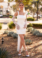 Yvaine | Square Neck White Satin Short Wedding Dress with Bow Back and Veil - KissProm