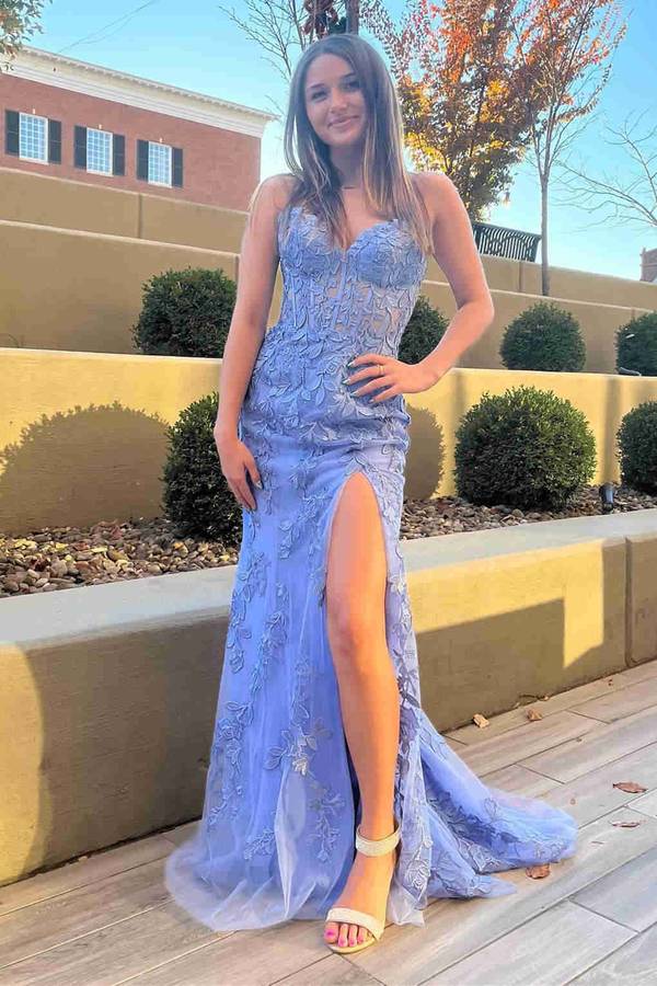 Hot Pink Mermaid Strapless Corset Lace Prom Dress With Slit