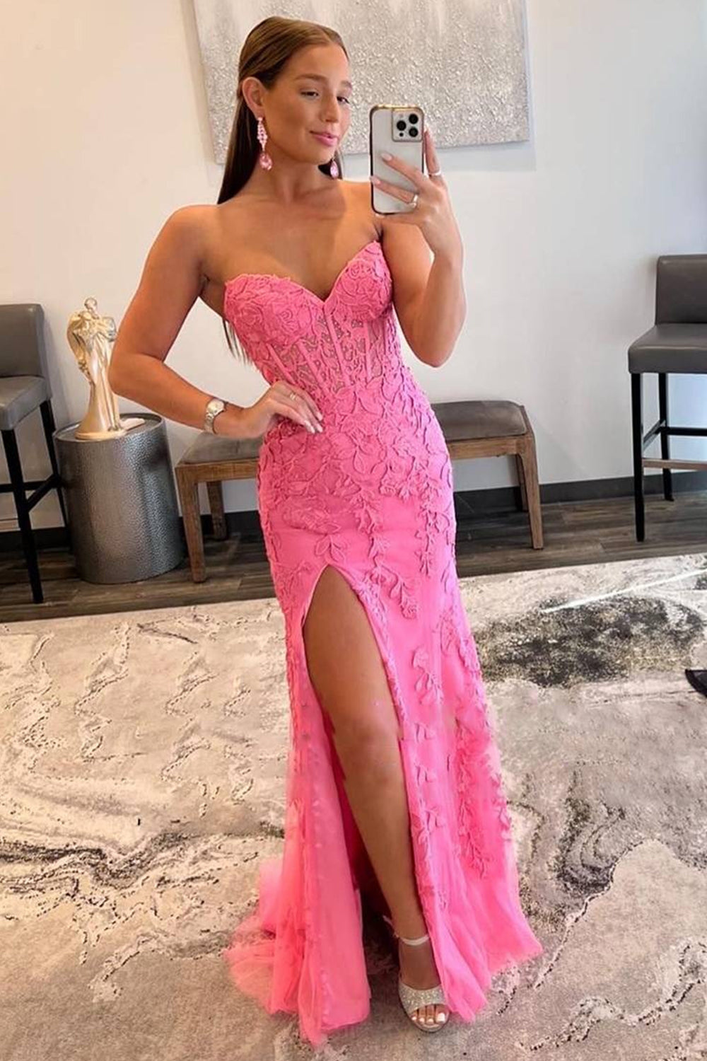 Hot Pink Mermaid Strapless Corset Lace Prom Dress With Slit