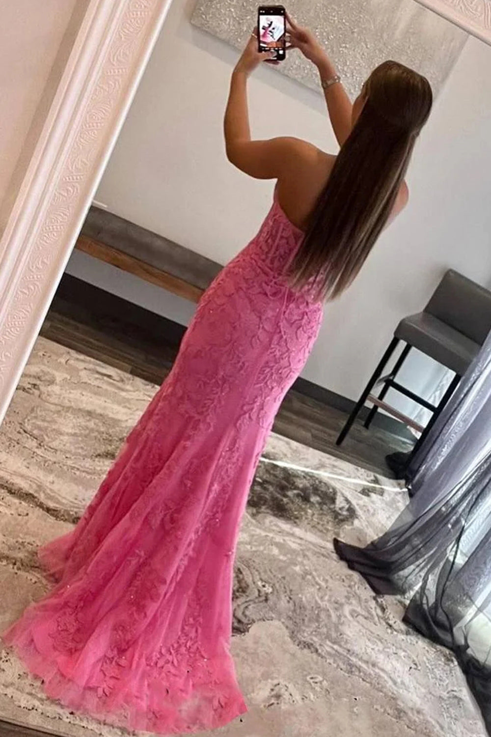 Hot Pink Mermaid Strapless Corset Lace Prom Dress With Slit