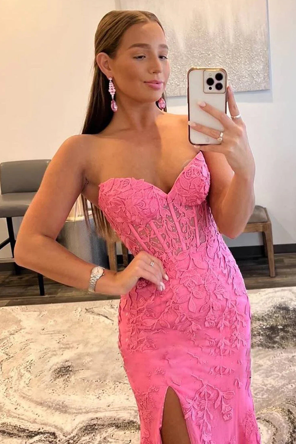 Hot Pink Mermaid Strapless Corset Lace Prom Dress With Slit