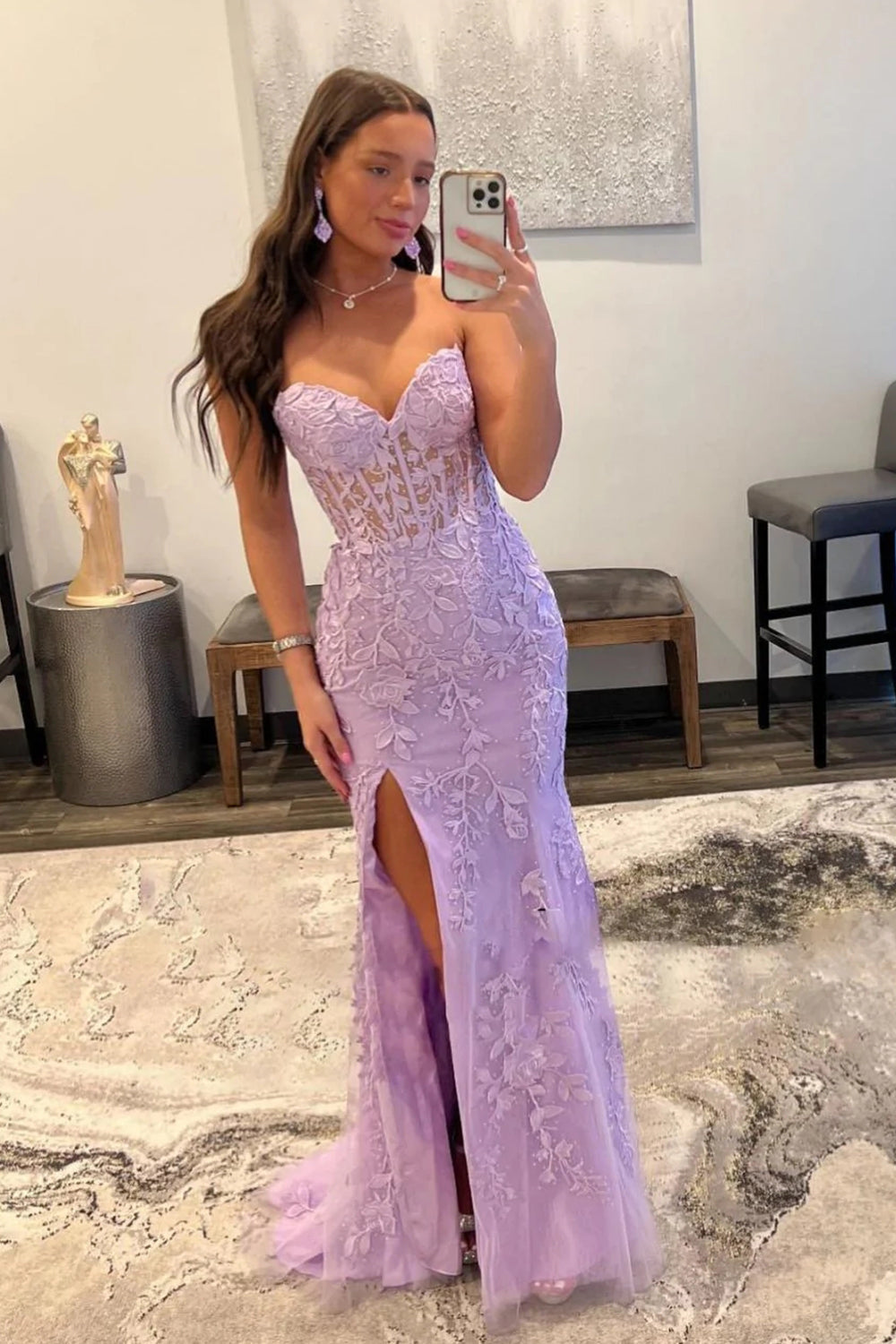 Hot Pink Mermaid Strapless Corset Lace Prom Dress With Slit
