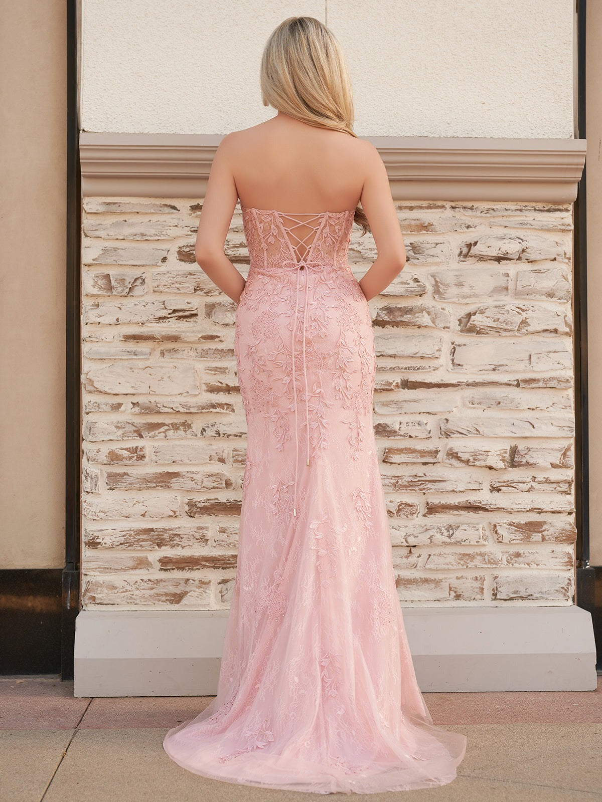 Hot Pink Mermaid Strapless Corset Lace Prom Dress With Slit