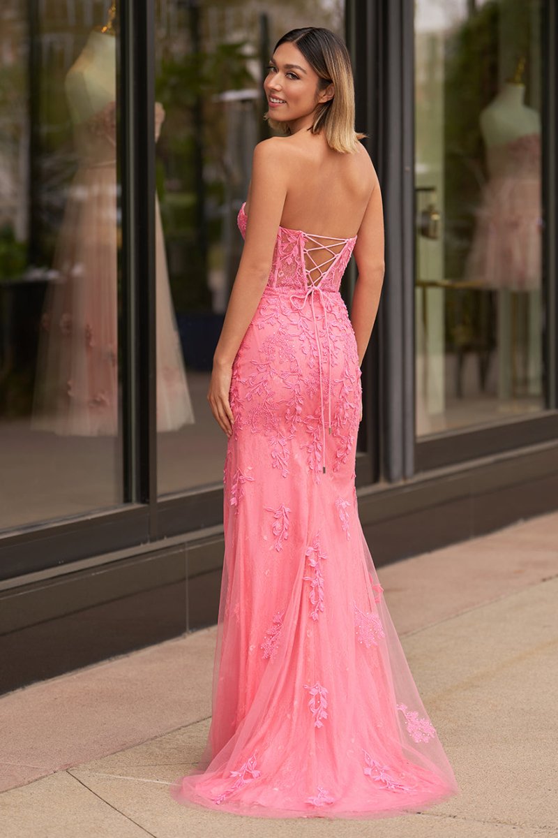 Nyomi Hot Pink Mermaid Strapless Corset Lace Prom Dress with Slit KissDress Nyomi Hot Pink Mermaid Strapless Corset Lace Prom Dress with Slit KissDress