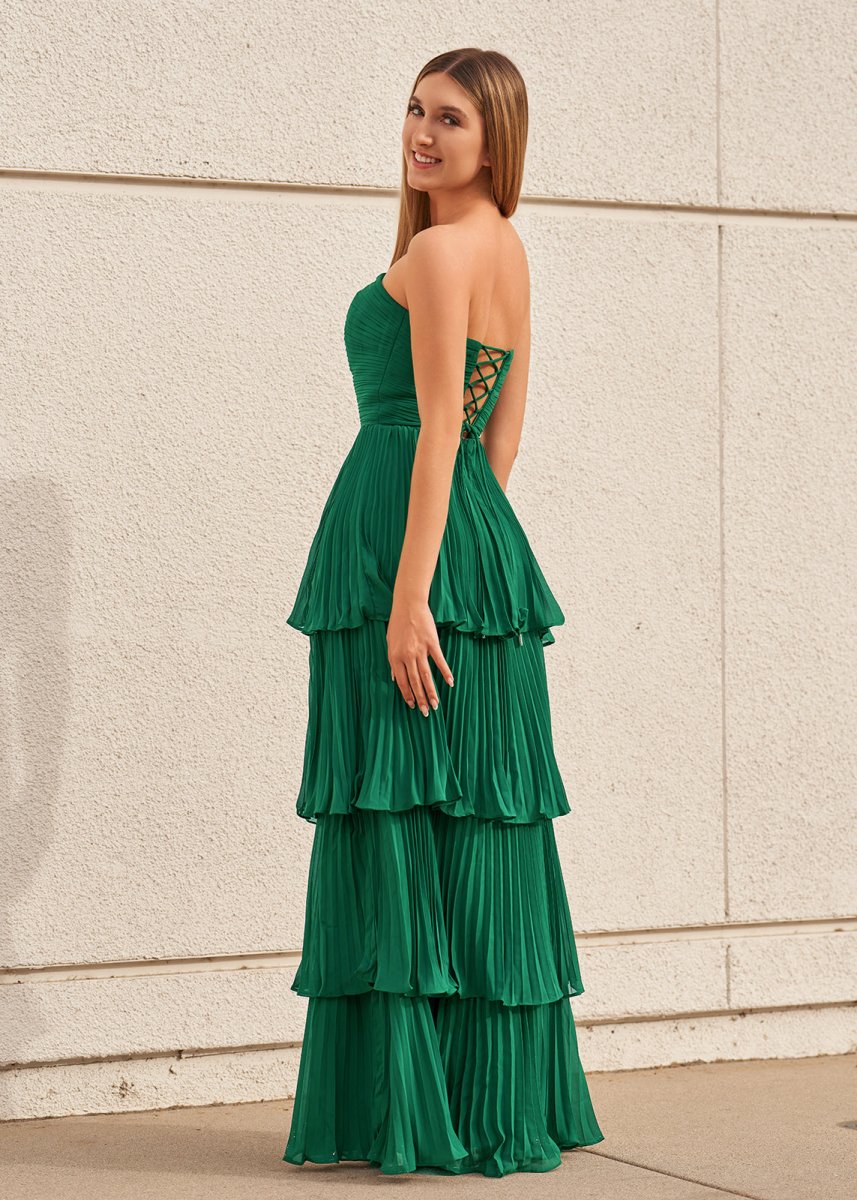 Khalani | Strapless Emerald Green Ruffle Multi - Layer Long Prom Dress - KissProm