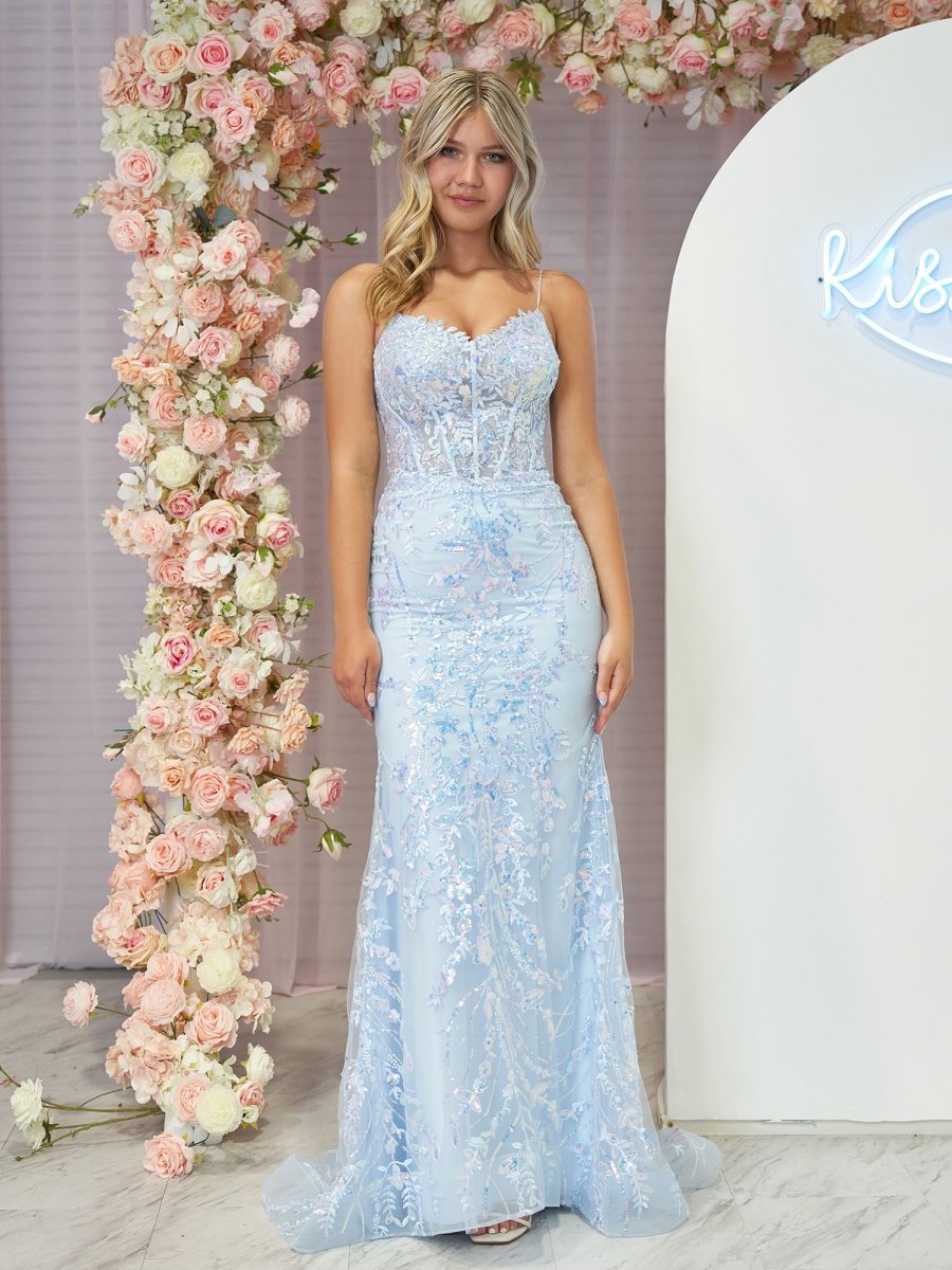 Margaret | Straps Light Blue V - Neck Sequin Appliques Mermaid Prom Dress - KissProm