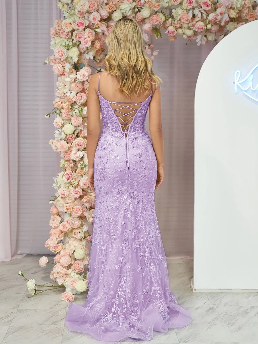 Margaret | Straps Light Blue V - Neck Sequin Appliques Mermaid Prom Dress - KissProm