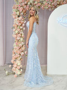 Margaret | Straps Light Blue V - Neck Sequin Appliques Mermaid Prom Dress - KissProm
