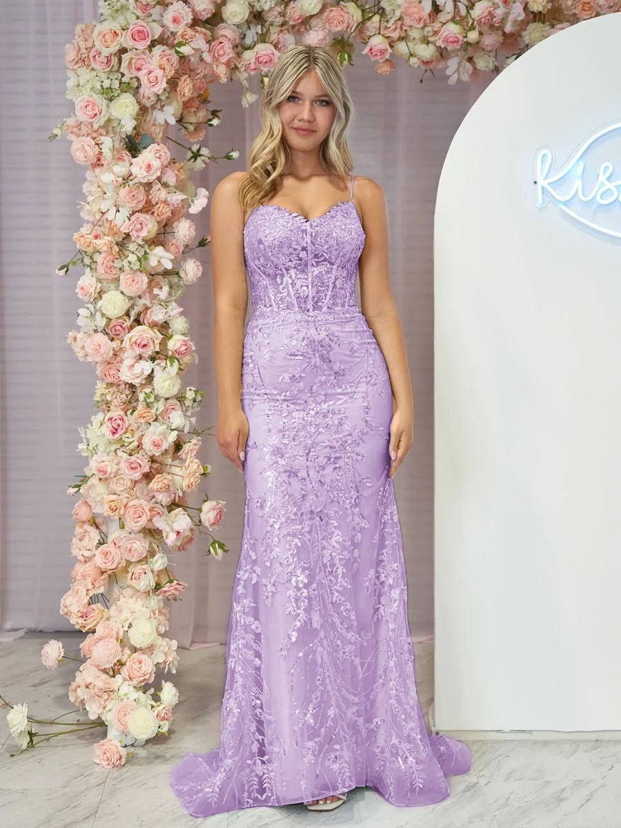 Margaret | Straps Light Blue V - Neck Sequin Appliques Mermaid Prom Dress - KissProm
