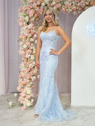 Margaret | Straps Light Blue V - Neck Sequin Appliques Mermaid Prom Dress - KissProm
