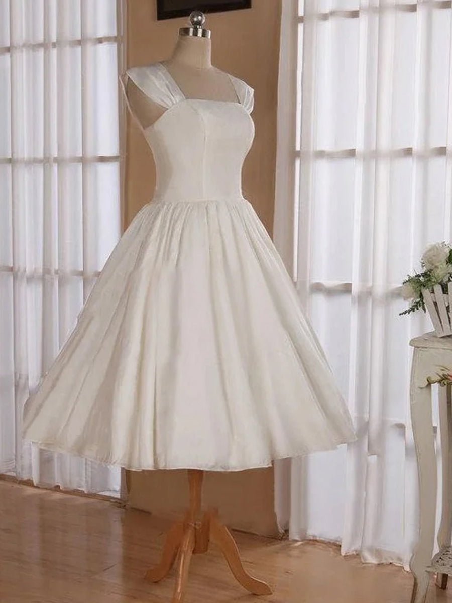 KissDress-Straps Sleeveless Lace-Up Back Tea-Length Satin Wedding Dress