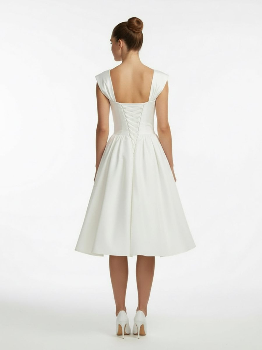 KissDress-Straps Sleeveless Lace-Up Back Tea-Length Satin Wedding Dress