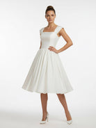 KissDress-Straps Sleeveless Lace-Up Back Tea-Length Satin Wedding Dress